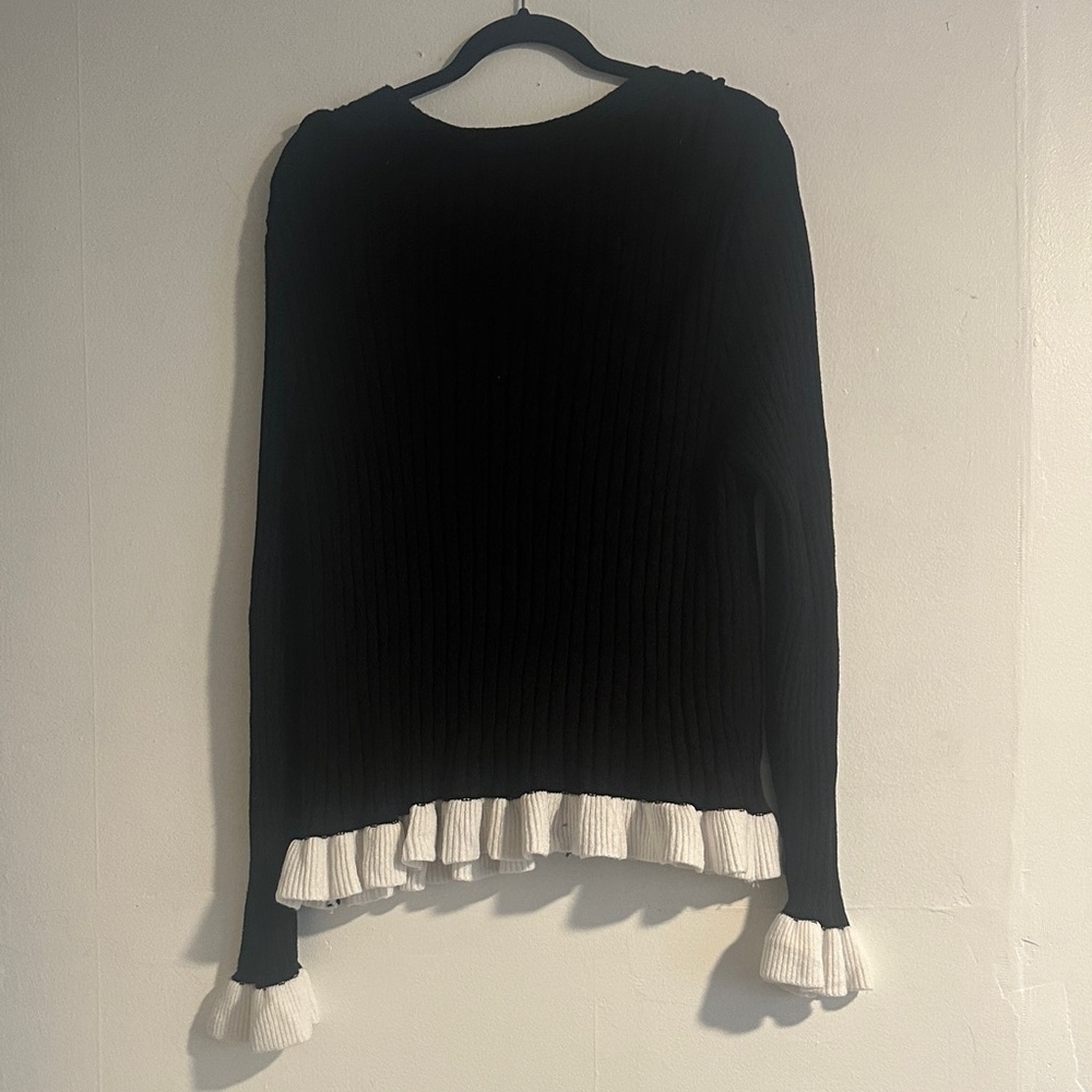 Black Ribbed Button Cardigan with White Ruffle Trim - Picture 6 of 6